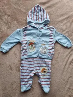 水色ストライプロンパース・フード付きベスト