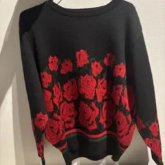 バラ柄 長袖ニットセーター 黒赤