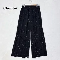 シェトワ ドット柄 プリーツ ワイドパンツ ウエストゴム 黒 ゆったり 総柄
