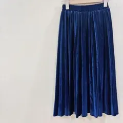 ネイビー ベロア プリーツスカート ロング丈 ウエストゴム S