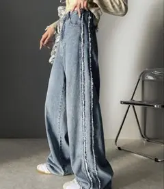 Java サイドフリンジ ワイドデニムパンツ L