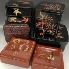 重箱 まとめて 6点 漆器 プラ 金彩 一段重 二段重 正方形 お節料理 おせち