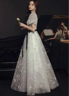 フラワー刺繍 パフスリーブ ウェデイングドレス　パーティドレス