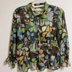 レリアン　花柄シースルーシャツ シアーブラウス　チュニック　ブラウン　フリルのサムネイル