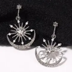 No.87A シルバームーンスタービジューピアス 韓国 上品 高見え 月 雪
