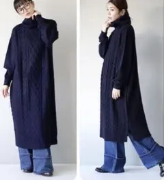 ネイビー ケーブル編み タートルネック ニットワンピースフリーサイズ