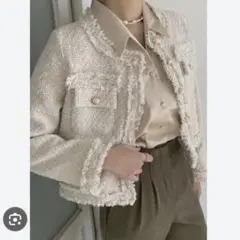 新品タグ付✨plus OTO.HA フリンジツイードジャケット　ベージュ