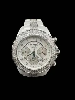 中古CHANELシャネル時計クロノJ12純正44ベルトアフターフルダイヤ白メンズのサムネイル
