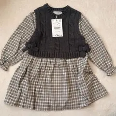 【ZARA】ニットベスト　コンビチェック柄ワンピース　104cm