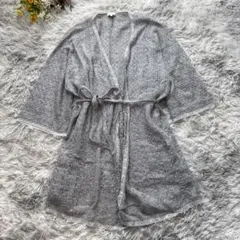 【イタリア製】　ガウンカーディガン【M】　グレー　レース　透かし編み　ウール混