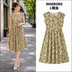 【即日発送】INGEBORG グリーンシュラブローズ柄ワンピース 総柄 L相当のサムネイル
