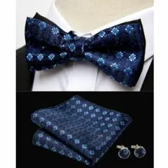 蝶ネクタイ カフス チーフ　卒業式　入学式　入社式 ワンタッチ ネイビー色　格安