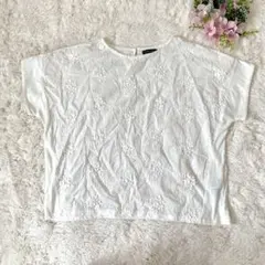 花柄刺繍レース フレンチスリーブブラウス ホワイト ゆったり ナチュラル M