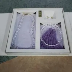 蔵出し特価京都製造高級本水晶数珠とネックレス、イアリングセット　正絹房