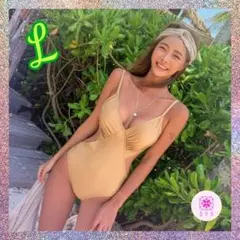 新品　ウエストデザイン　ワンピース水着　ブロンズ　ベージュ　Lサイズ　インポート