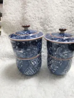 京焼 壹楽窯 蓋付き湯飲み 2客セット 染付 伝統文様 - メルカリ
