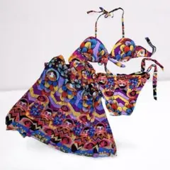 「新品✨ カラフル柄 ビキニ水着 パレオ付き Mサイズ リゾート映え◎」