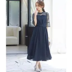 niana ニアナ ビスチェ風ハイネックレース結婚式ワンピース ネイビー L