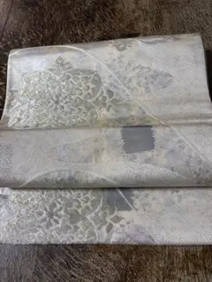 花柄金糸刺繍 袋帯 クリームグレー