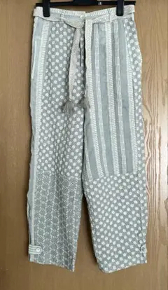 ZARA エンブロイダリー パンツ ストライプ 花柄 刺繍 グリーン 水色 S