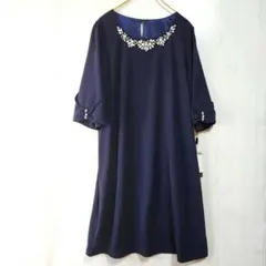 【新品未使用】POURVOUSビジュー装飾パーティードレスワンピ 紺結婚式2XL
