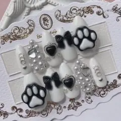 ネイルチップ 量産型 地雷 サブカル ホワイト ブラック 肉球 リボン ハート