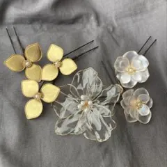 アメリカンフラワー髪飾り【No.24】ゴールド系6点 ブライダル 成人式 七五三