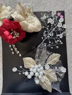 和装用髪飾り 赤と金色の花