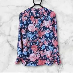 ZARA BASIC フラワープリント チュニック ブラウス XL ネイビー