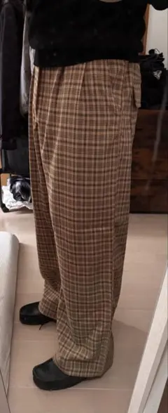 チェック柄ワイドスラックス ベージュ ノームコア