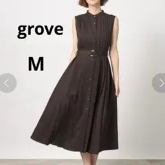 grove グローブ M バンドカラー ロングワンピース　ベルト付き プリーツ