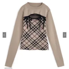 GRL チェック柄フロントオープンリボンニットトップス