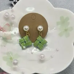 ハンドメイド【水引】ピアス 緑ラメ×黄緑