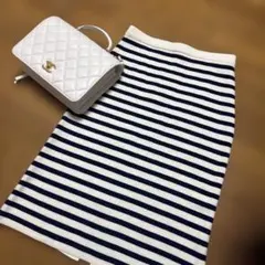センスオブプレイスストライプ ニットスカート 白とネイビー　春夏素敵！フリー