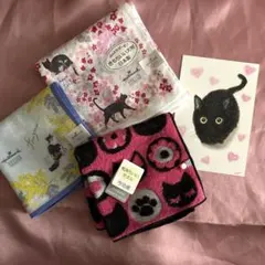 猫ハンカチ　3点セット　+おまけ　猫イラスト　hallmark 今治産　日本製