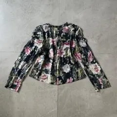 vintage ブラウス　透け感　短丈　総柄　花柄　昭和レトロ　モードカジュアル