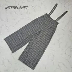 インタープラネット サスペンダー付グレンチェックハイウエストワイドパンツ 薄手のサムネイル