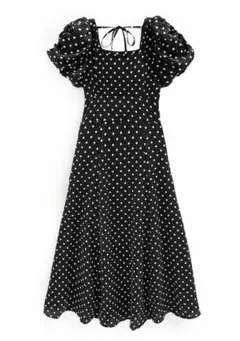 ドット柄バルーンスリーブフレアワンピース[ru1163]