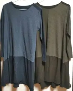 レディース 長袖 ワンピース チュニック ボーダー柄 2枚組 M-L