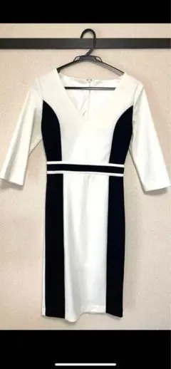 ホワイト・ブラック Vネック タイトドレス