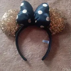 ディズニーミニー黒白水玉リボンゴールドカチューシャ