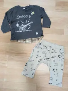 スヌーピー 長袖Tシャツ80cmとパンツ90cmセット ダークグレー 総柄