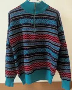 ハーフジップ セーター 古着 グリーン