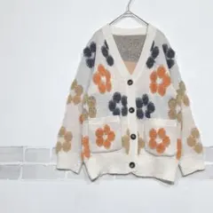 花柄 ニットカーディガン もこもこフラワー アイボリー F ゆったり K747