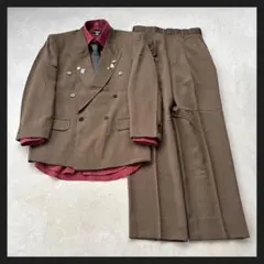 【vintage希少】4点 セットアップ ダブルスーツ オリーブブラウン ピンズ