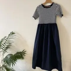 ドッキングワンピース ニット ボーダー 半袖 ロング丈 フレア coca コカ