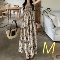 ベージュ花柄キャミソールロングワンピース　M