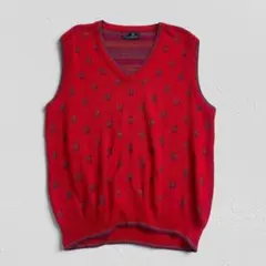 Isle of Cotton USA製 Vネック ニットベスト 赤 総柄 M