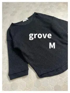grove グローブ ラメ透かし編みトップス 五分袖ニット ブラック