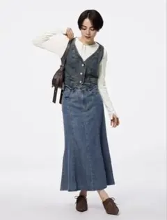 ライトデニムフレアマキシスカート+EC(丈短め) GU